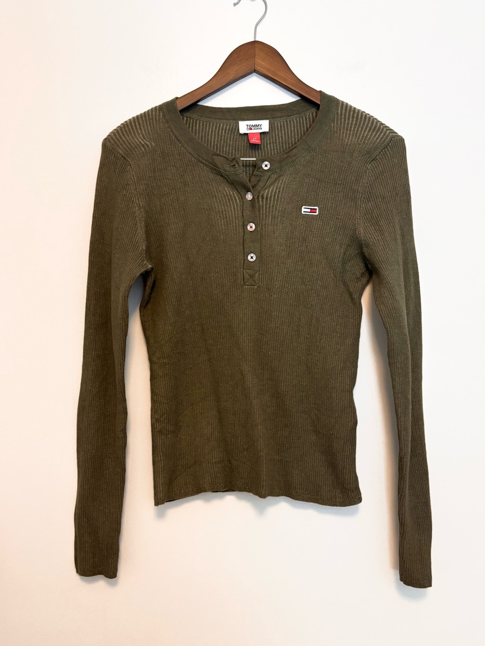 Vintage Style Tommy Jeans Olive Long Sleeve Ribbed Button Henley